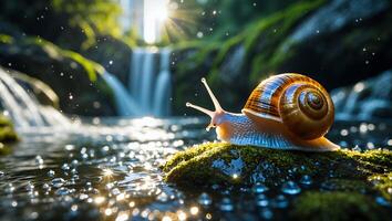 Snail Crawling on Moss by a Waterfall in Natural Setting photo