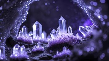 Glowing Crystal Formations in a Dark Cave with Magical Sparkles photo