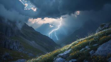 Lightning Storm Over Green Mountain Valley with Wildflowers and Cloudy Sky photo