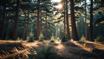 Sun Shining Through Tall Trees in Forest with Young Saplings photo