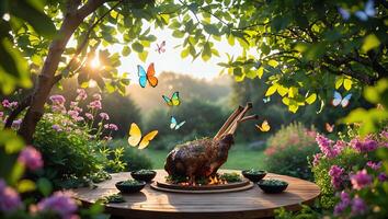 Roasted Meat with Flying Butterflies in Garden Setting at Sunset photo