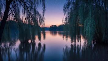 Calm Lake Reflection at Twilight with Weeping Willow Trees Framing Scene photo