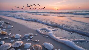 Seashore Scene with Shells and Flying Birds at Sunset photo