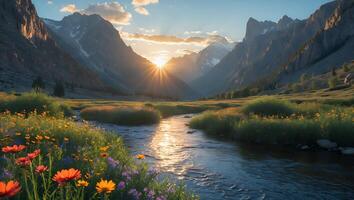 River Flowing Through Mountain Valley at Sunset with Wildflowers Blooming photo