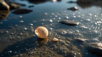 Seashell Still Life in Water with Stones and Natural Light photo