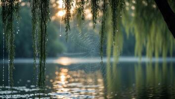 Spiderweb at Lake Reflecting Sunlight Through Willow Branches with Water Droplets photo