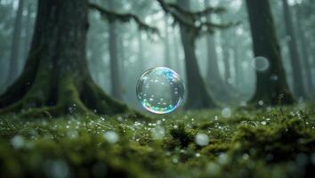 Floating Bubble in Forest with Lush Greenery and Mystical Fog photo