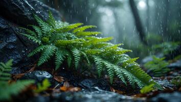 Fern Growing Near Rock During Rain in Lush Green Forest photo