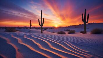 Desert Landscape at Sunset with Cactus Silhouettes and Sand Dune Patterns photo