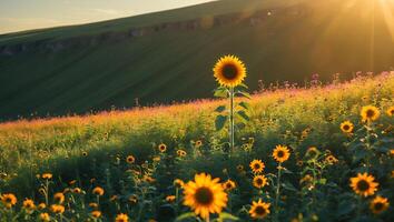 Sunflower Field at Golden Hour with Rolling Hills in Background photo