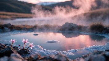 Pink Flowers at Natural Hot Spring with Steaming Water Landscape photo
