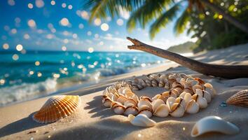 Seashell Necklace on Beach Sand Near Ocean with Tropical Setting photo