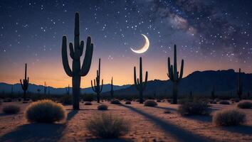 Desert Landscape with Cacti Under Starry Night Sky and Crescent Moon photo