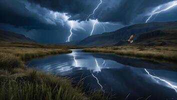 Landscape View of River During Thunderstorm with Bird Flying Over photo