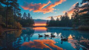 Ducks Swim on Lake at Dusk with Reflections of Colorful Sky photo