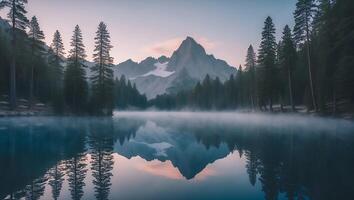Mountain Reflection in Calm Lake at Dusk with Forest Surroundings photo