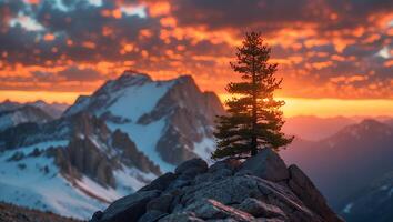 Lone Pine Tree Stands Tall on Rocky Peak at Fiery Sunset photo