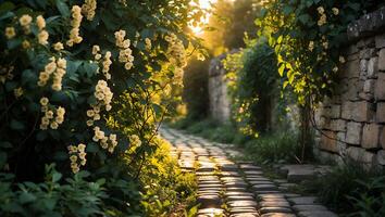 Walking Stone Path with Flowers and Sunlight in Garden Setting photo