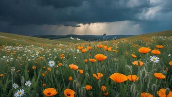 Blooming Flower Meadow Under Dramatic Sky with Sunrays Breaking Through photo