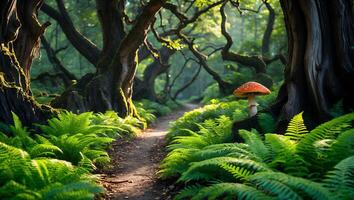 Walking Path Through Forest with Mushroom and Bright Green Ferns photo