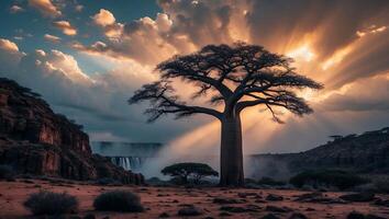 Majestic Baobab Tree at Sunset in African Landscape with Waterfall photo