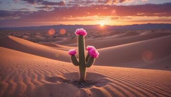 Flowering Cactus in Desert Sand Dunes at Sunset with Glowing Horizon photo