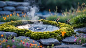Hummingbirds Hovering Near Steaming Pond Surrounded by Moss and Flowers photo