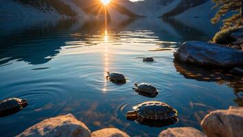 Turtles Swimming in Calm Lake at Sunset with Mountain Reflection photo