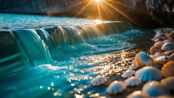 Water Flowing Over Rocks with Seashells and Golden Sun Rays photo
