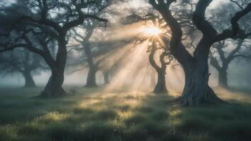 Sun Rays Shining Through Trees in Foggy Green Meadow Landscape photo