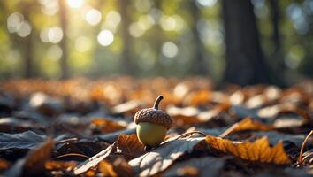 Acorn Sitting on Fallen Leaves in Forest with Sunlight photo