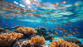 Underwater Scene with Coral Reef and School of Orange Fish photo