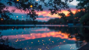 Lake Reflecting Sunset Sky with Tree Branches and Bokeh Lights photo