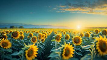 Sunflower Field at Sunset with Row Patterns and Bright Sun photo