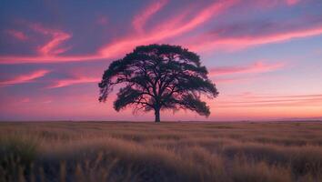 Solitary Tree Standing Silhouetted Against Pink Sky at Dusk photo