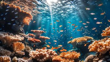Exploring Underwater Coral Reef Ecosystem with Sun Rays and Swimming Fish photo