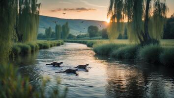 Otters Swimming in River at Sunset with Willow Trees Around photo