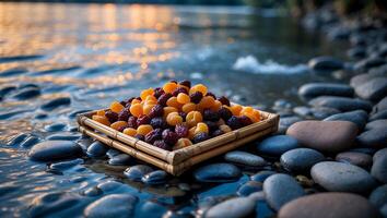 Dried Fruit Arrangement on Basket by River Rocks with Evening Light photo