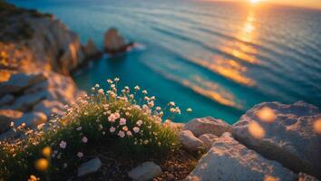 Coastal Wildflowers at Golden Hour Overlooking Ocean with Dramatic Cliffside photo
