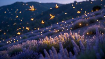 Flying Insects Over Lavender Field at Twilight with Glowing Lights photo