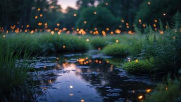 Fireflies Hovering Over Pond at Dusk Creating Magical Evening Scene photo
