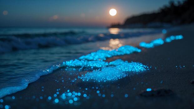 Glowing Waves on Beach at Night with Bioluminescence and Moon photo