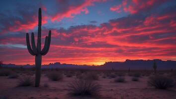 Cactus Silhouette at Sunset with Dramatic Red Sky in Desert photo
