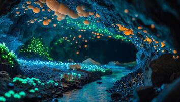 Glowing Cave Stream with Illuminated Fungi and Sparkling Light Effect photo