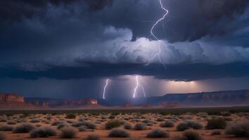 Dramatic Lightning Strikes Over Desert Landscape with Dark Storm Clouds photo
