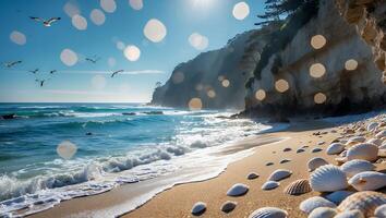 Seaside View with Flying Birds, Ocean Waves, and Seashells on Sandy Beach photo