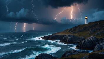 Lighthouse Against Stormy Sky with Lightning Over the Ocean Coast photo
