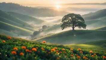 Rolling Green Hills Landscape with Oak Tree and Morning Mist photo