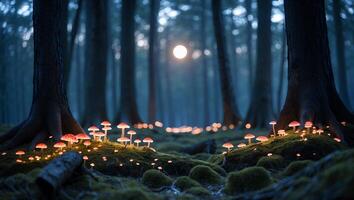 Illuminated Mushrooms Growing in Dark Forest at Night with Fog photo