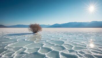 Distant Tree in Salt Flat Landscape with Mountains Under Bright Sky photo